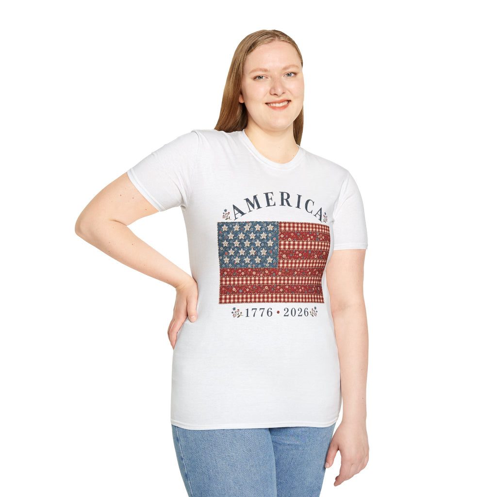 America 250 Shirt 1776 2026 Patchwork Flag Floral Patriotic Tee