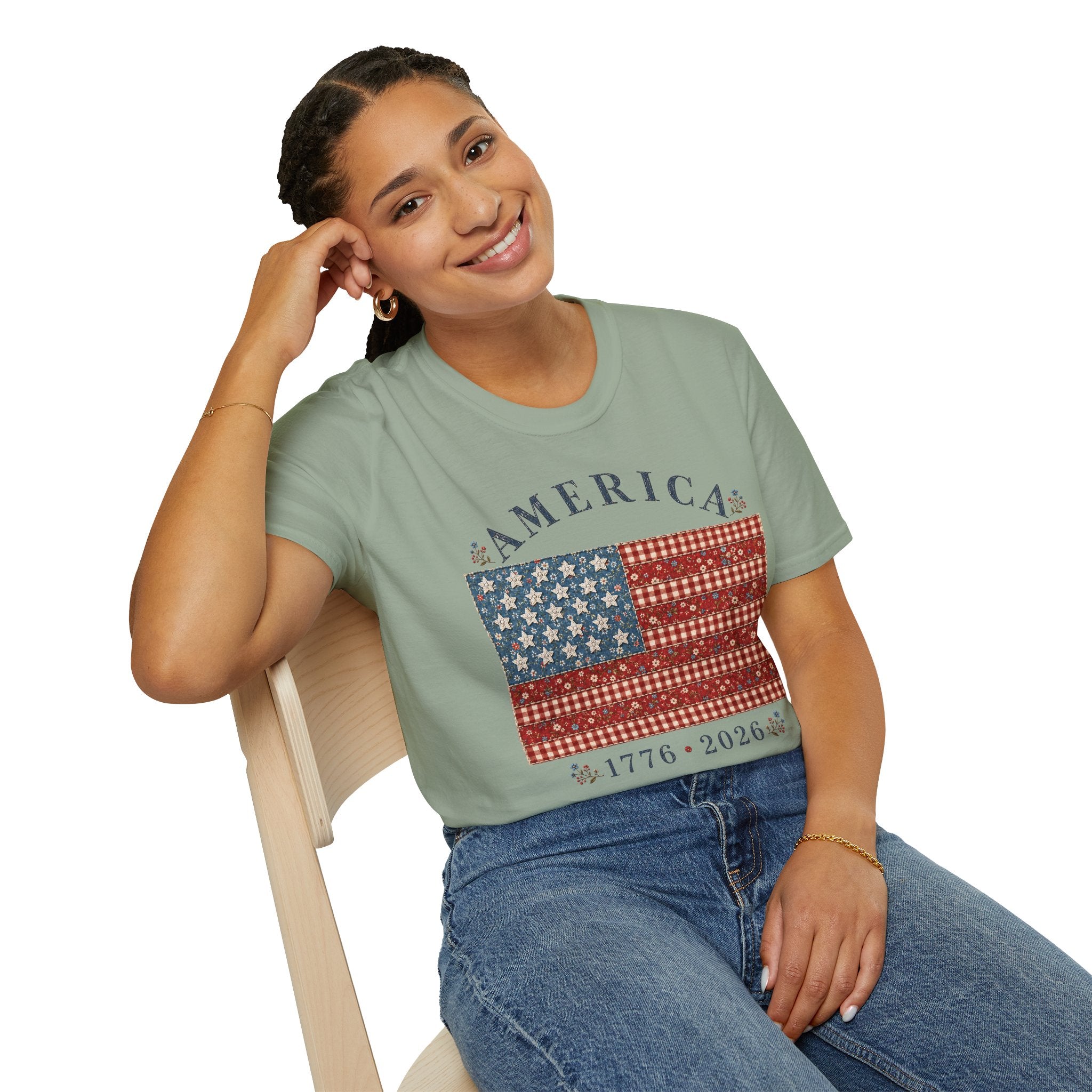 America 250 Shirt 1776 2026 Patchwork Flag Floral Patriotic Tee