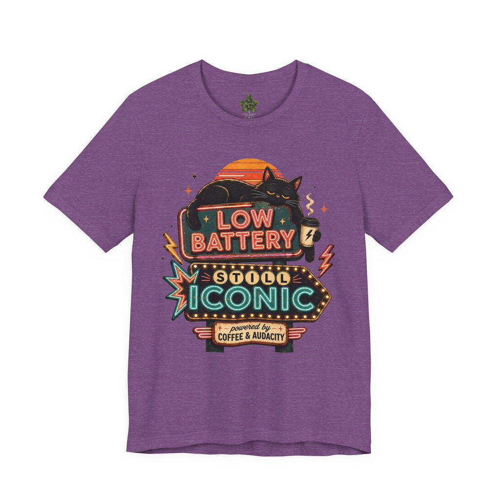 Low Battery Still Iconic Shirt, Black Cat Coffee Graphic Tee