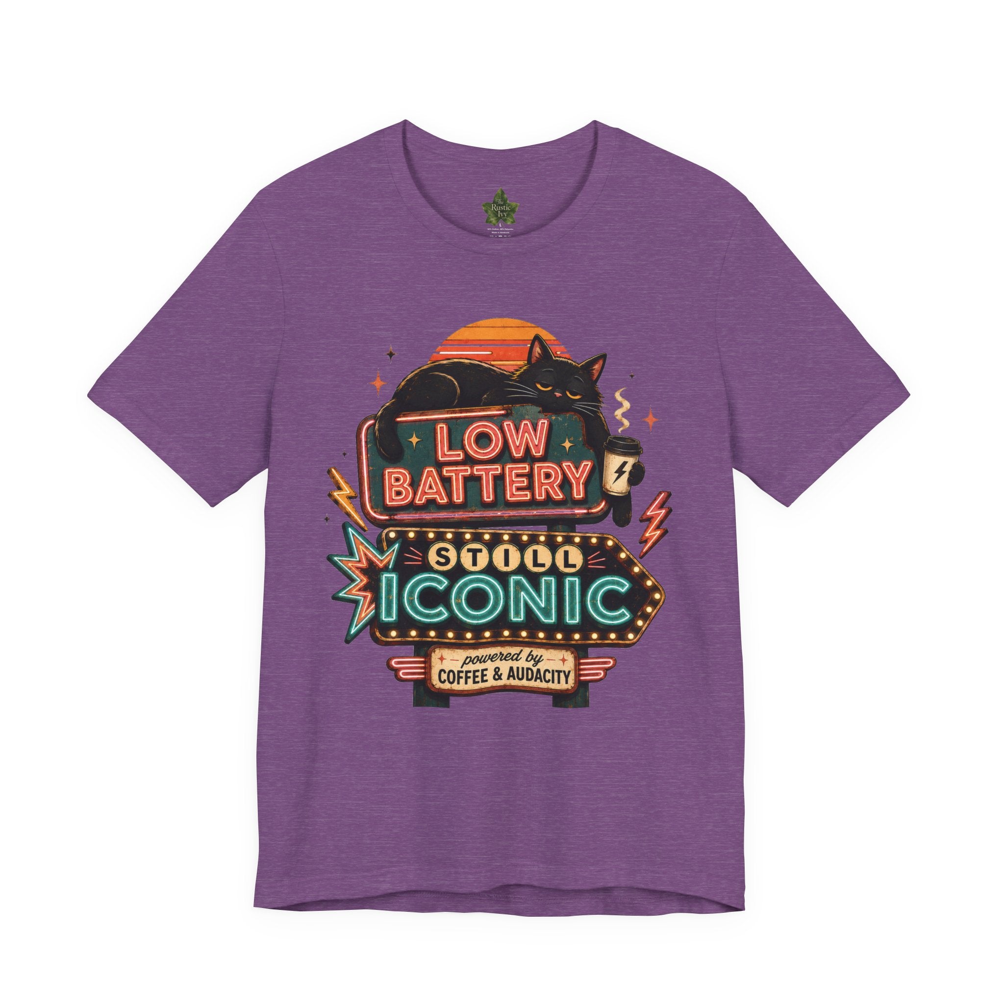 Low Battery Still Iconic Shirt, Black Cat Coffee Graphic Tee