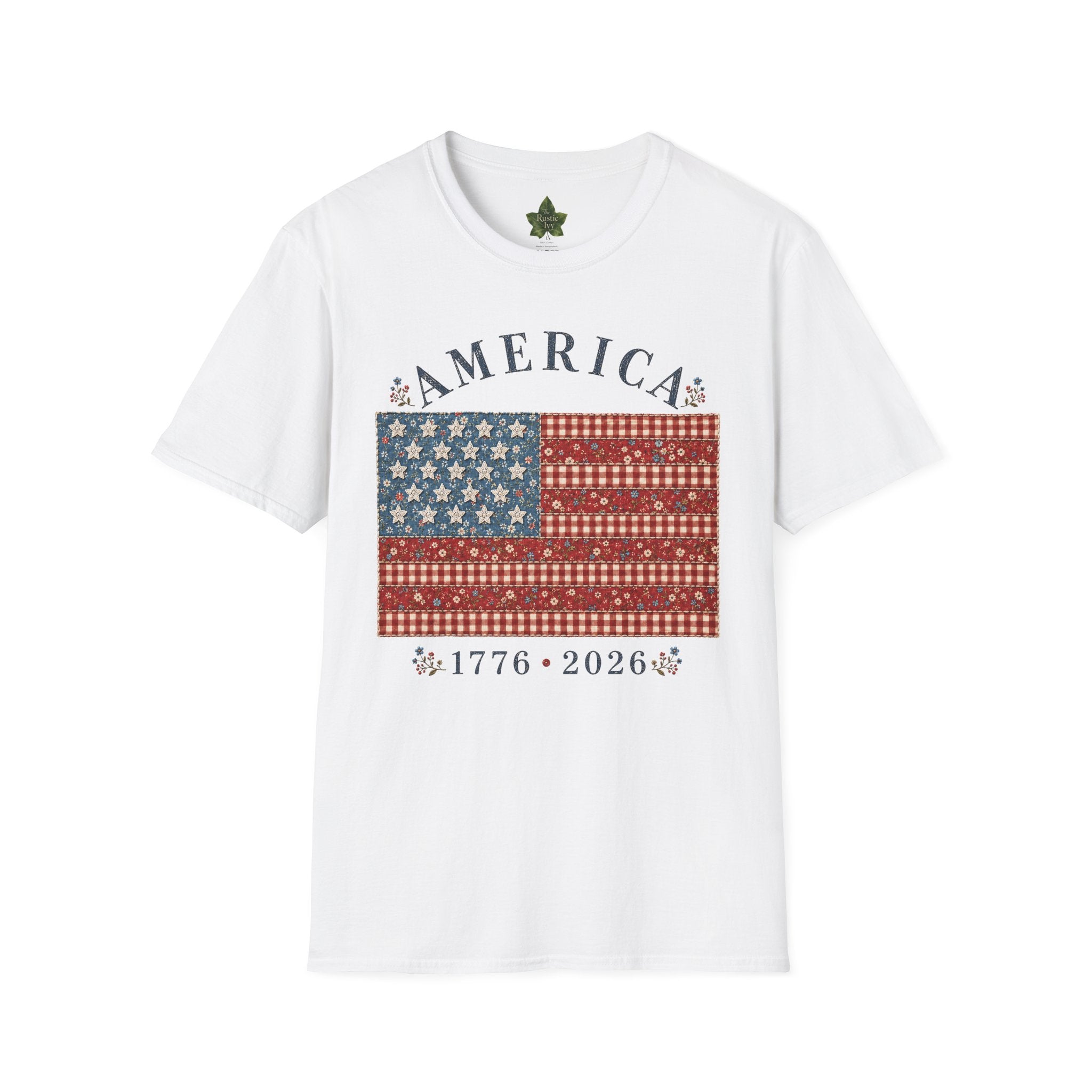 America 250 Shirt 1776 2026 Patchwork Flag Floral Patriotic Tee
