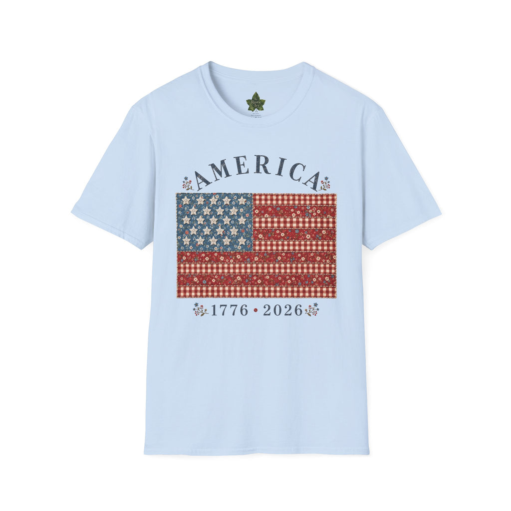 America 250 Shirt 1776 2026 Patchwork Flag Floral Patriotic Tee