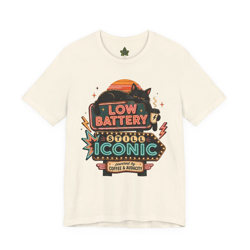Low Battery Still Iconic Shirt, Black Cat Coffee Graphic Tee