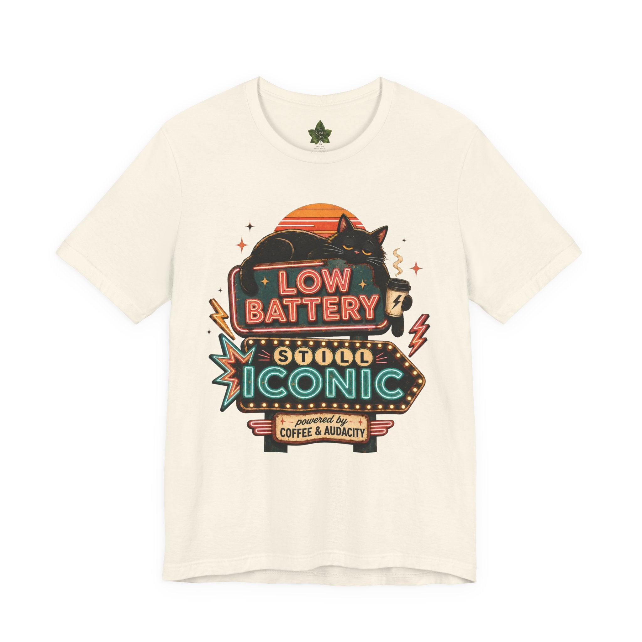 Low Battery Still Iconic Shirt, Black Cat Coffee Graphic Tee