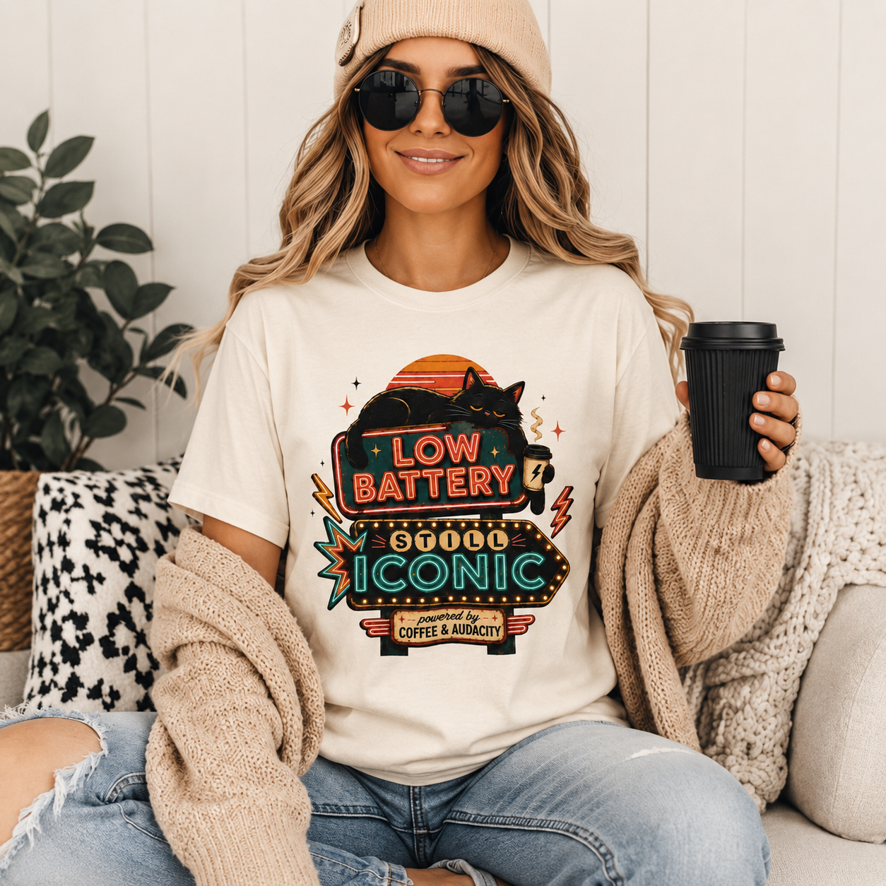 Low Battery Still Iconic Shirt, Black Cat Coffee Graphic Tee