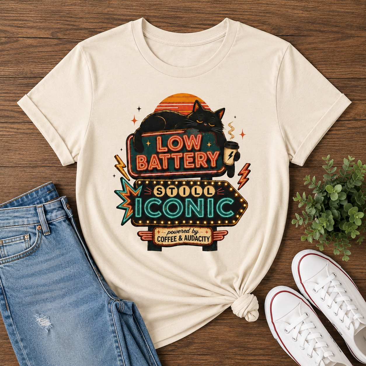 Low Battery Still Iconic Shirt, Black Cat Coffee Graphic Tee
