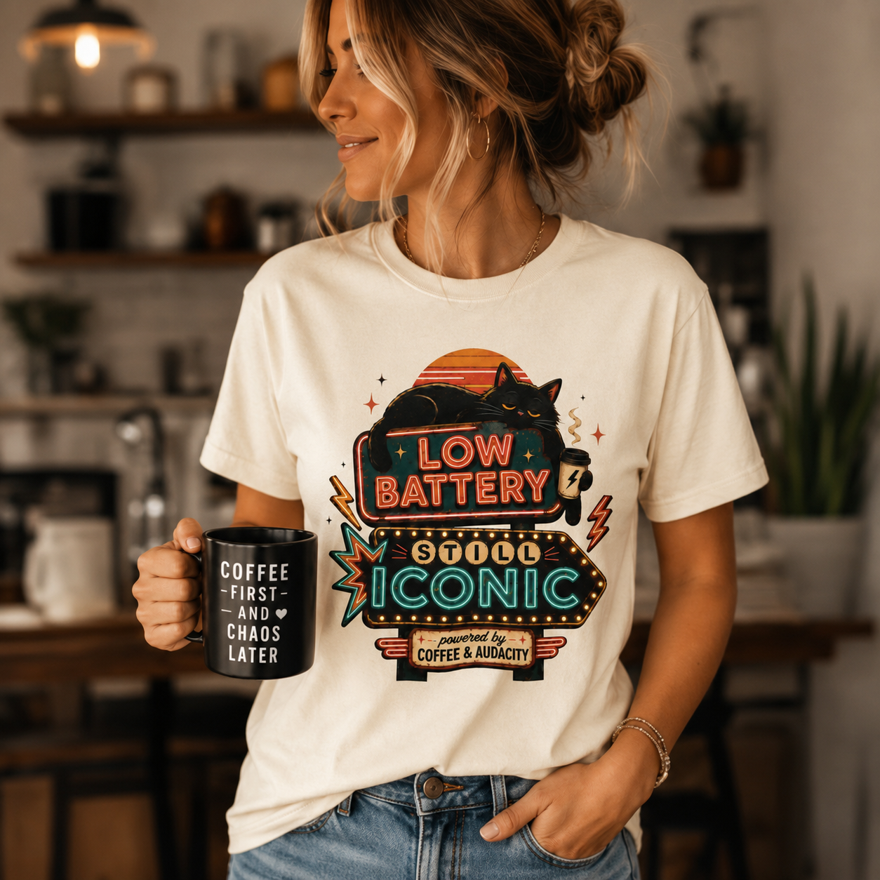 Low Battery Still Iconic Shirt, Black Cat Coffee Graphic Tee