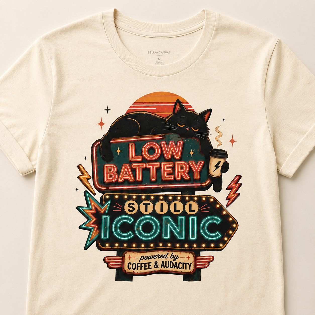 Low Battery Still Iconic Shirt, Black Cat Coffee Graphic Tee