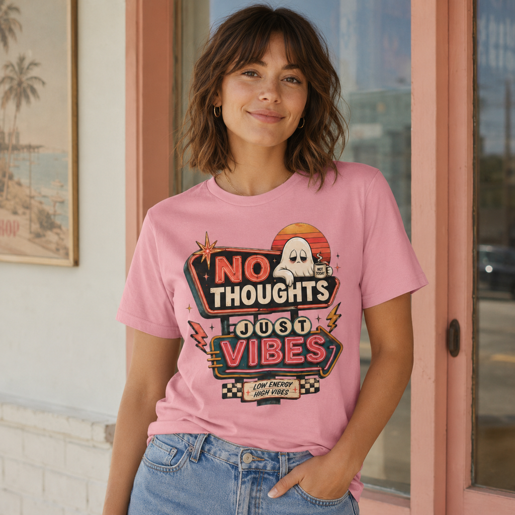 No Thoughts Just Vibes Ghost Shirt, Funny Retro Neon Tee