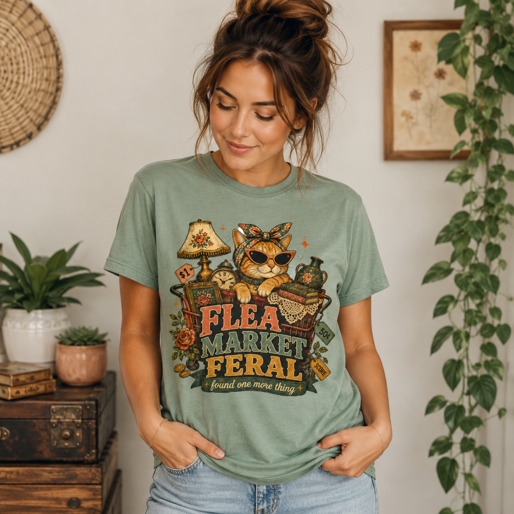 Flea Market Feral Shirt, Thrift Lover Orange Cat Graphic Tee