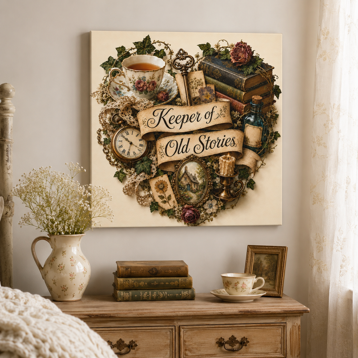 Keeper of Old Stories Canvas Wall Art, Vintage Cottagecore Decor