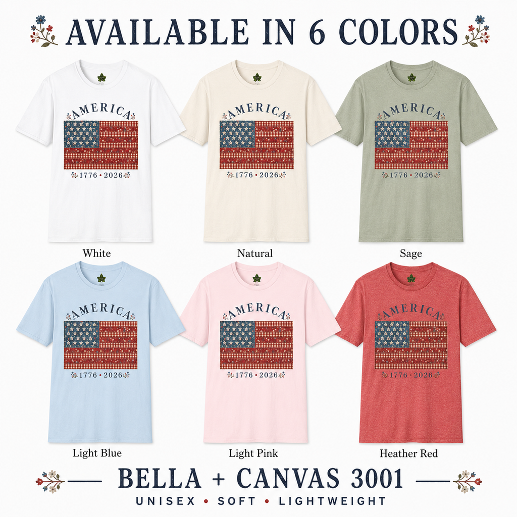 America 250 Shirt 1776 2026 Patchwork Flag Floral Patriotic Tee