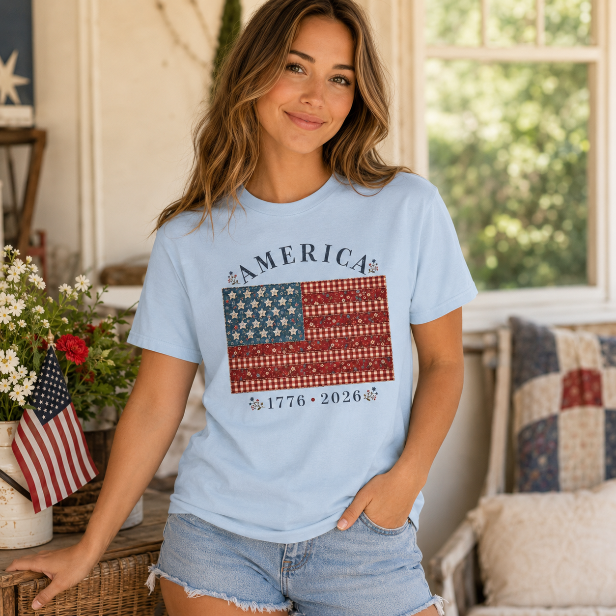 America 250 Shirt 1776 2026 Patchwork Flag Floral Patriotic Tee