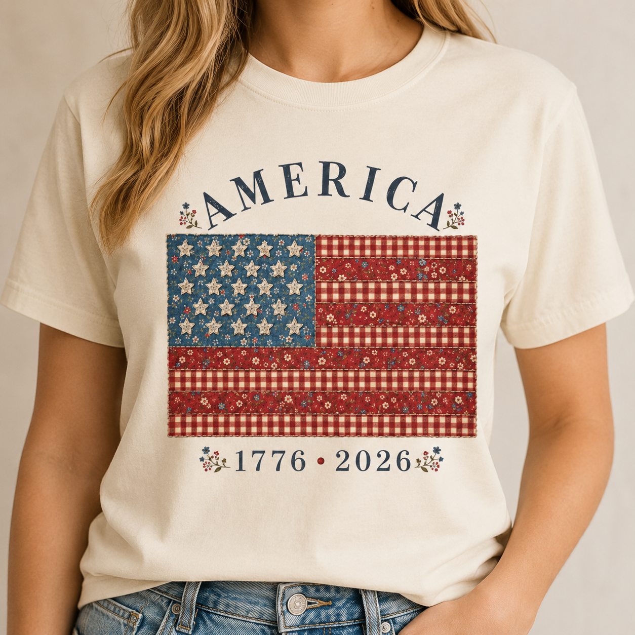 America 250 Shirt 1776 2026 Patchwork Flag Floral Patriotic Tee