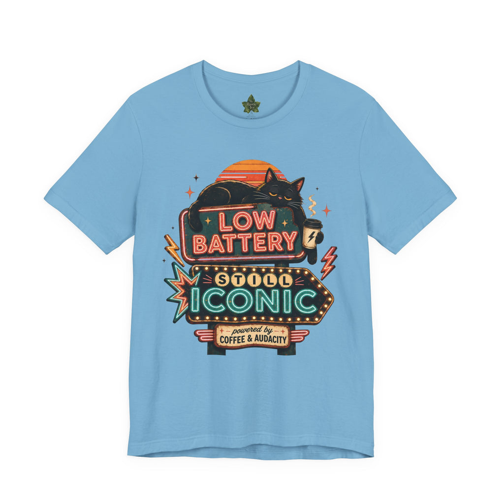 Low Battery Still Iconic Shirt, Black Cat Coffee Graphic Tee