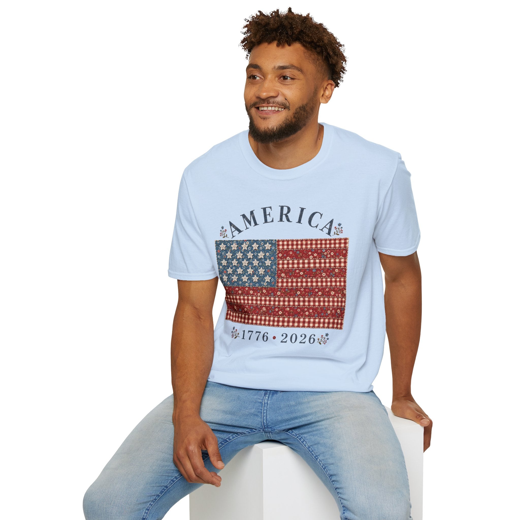 America 250 Shirt 1776 2026 Patchwork Flag Floral Patriotic Tee