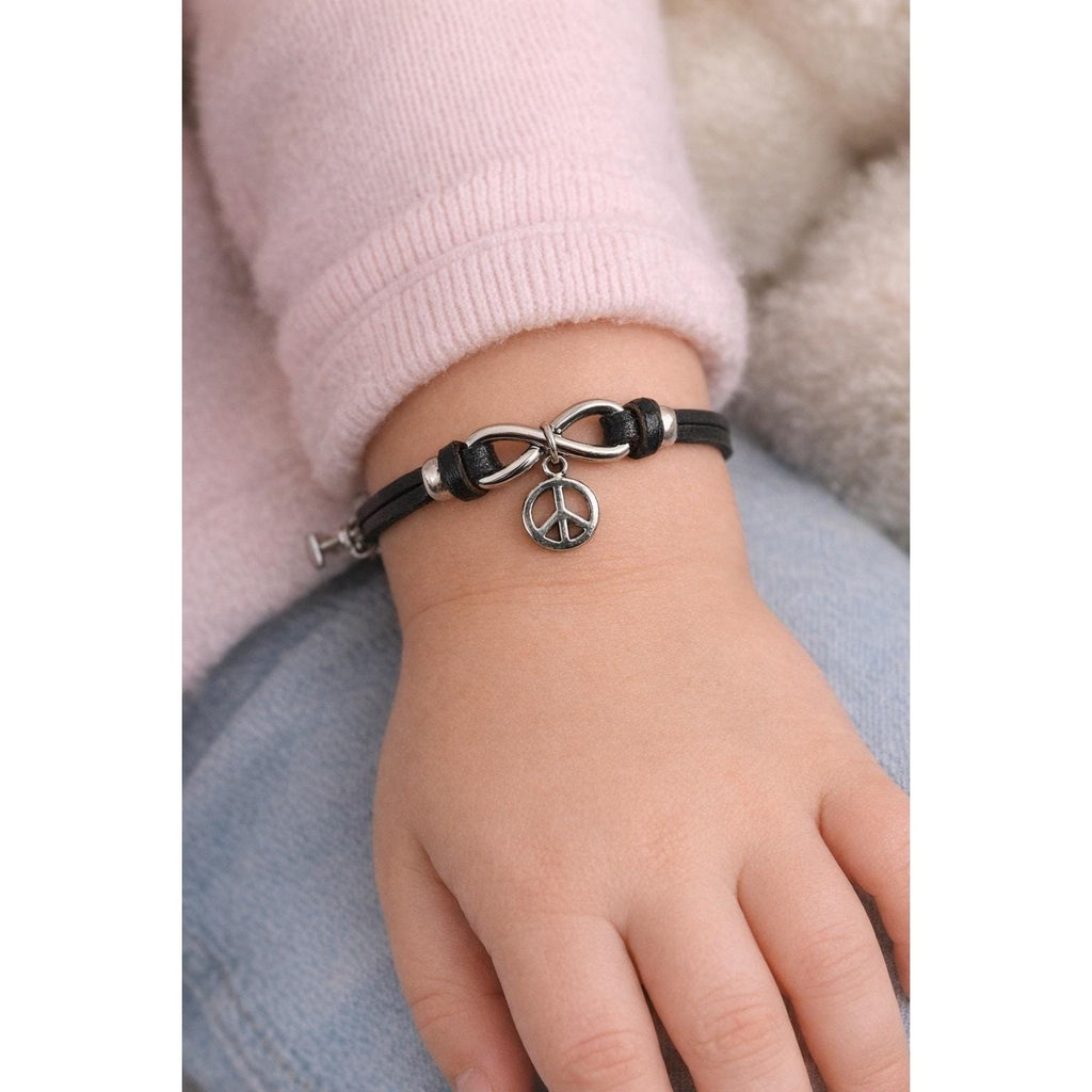 Vintage Petite Leather Peace Sign Bracelet Silver Tone Boho Jewelry