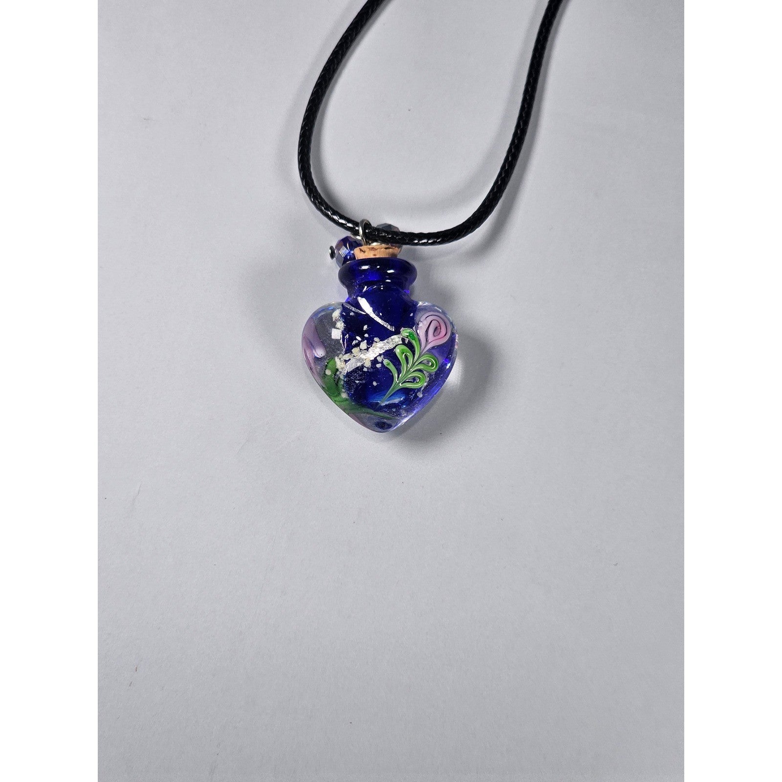 Vintage Glass Heart Vial Necklace Blue Hand Blown Art Glass Pendant