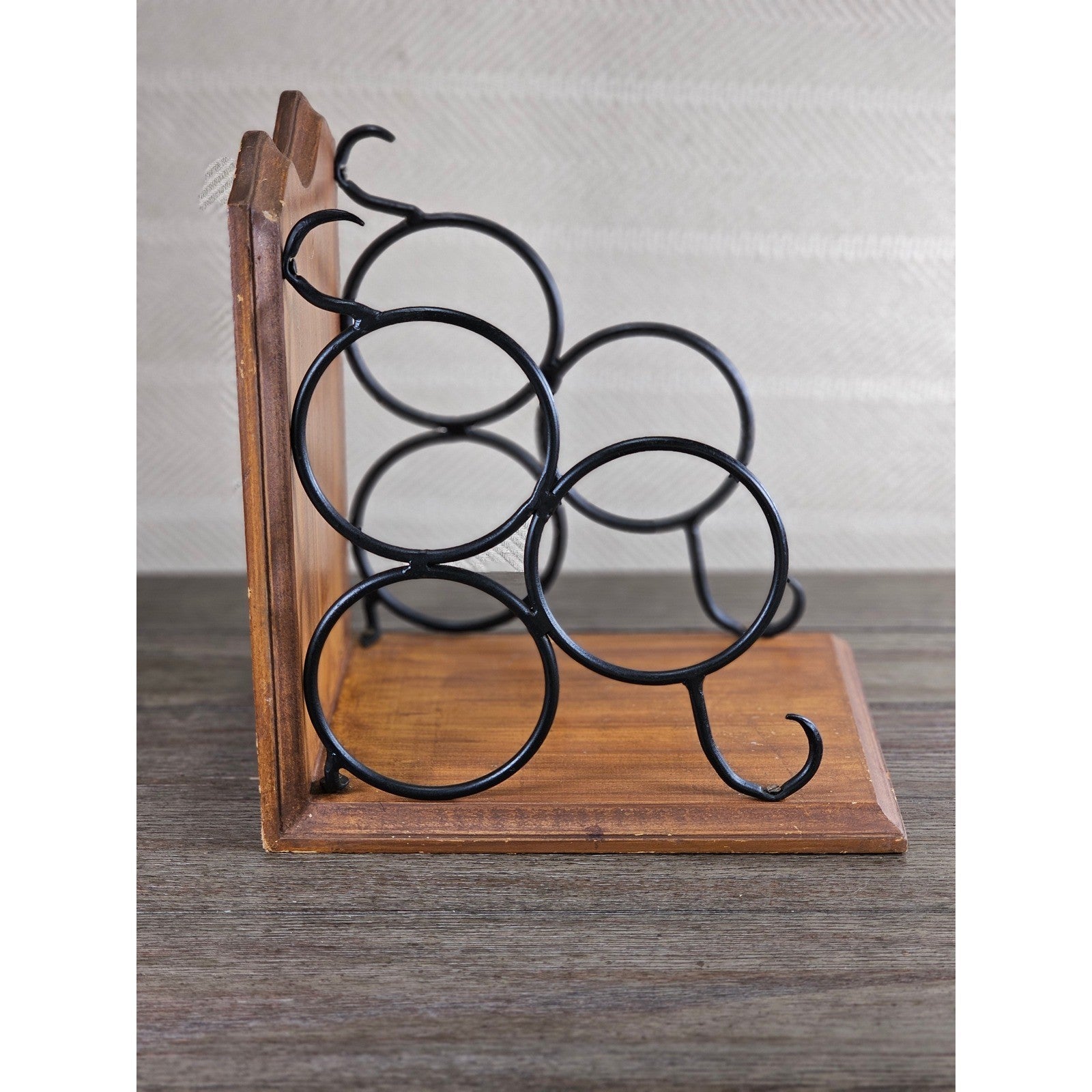 Vintage Wood & Metal Wine Bottle Holder | 3-Bottle Countertop Wine Rack