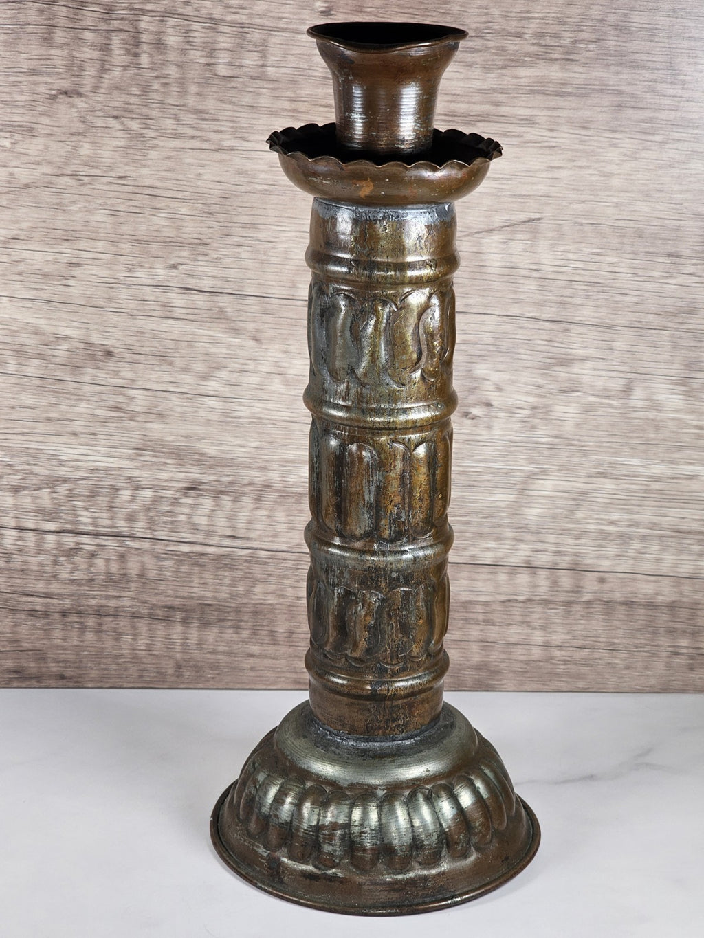 Antique Tinned Copper Candlestick Holder Ornate Embossed Design 12" Tall