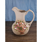 Vintage Belk Floral Ceramic Pitcher Rose Urn Design Cream Vase Handle