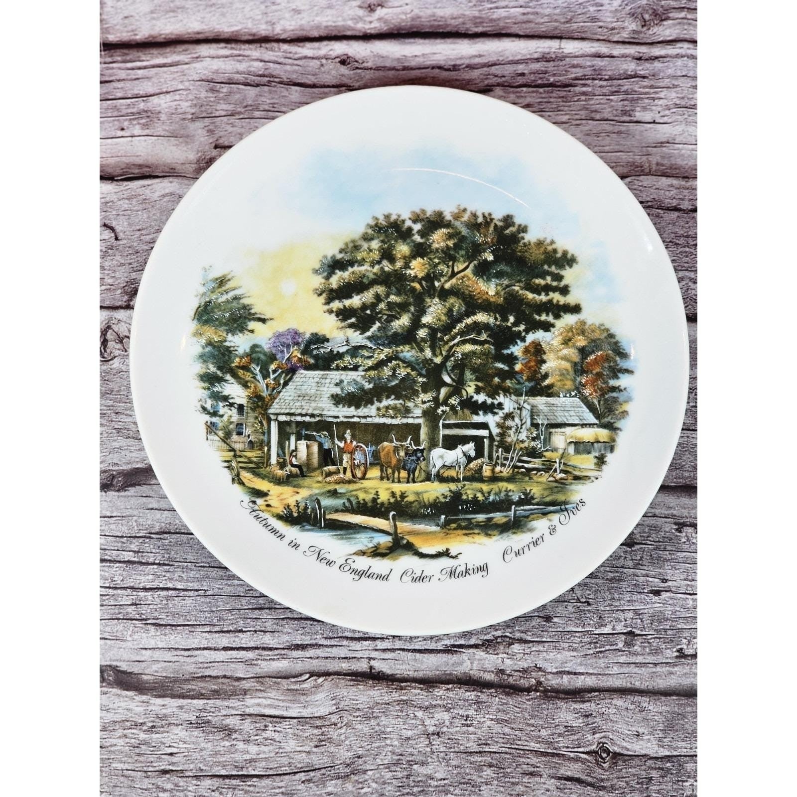 Vintage Currier & Ives Autumn Rural Scene Plate 6.5" Horse Barn Art