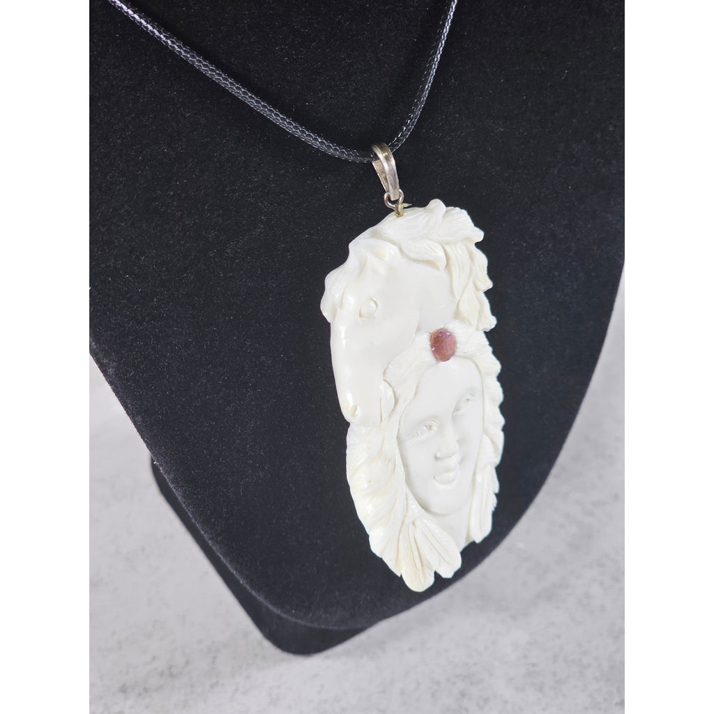 Vintage Hand Carved Horse Woman Pendant Necklace