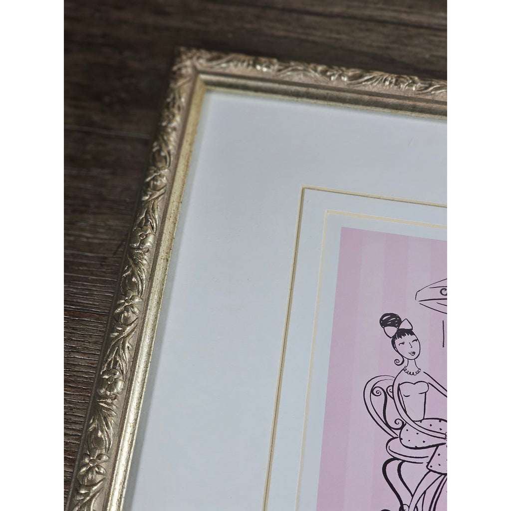 Vintage French Café Framed Art Print Pink Bistro Illustration 13x13