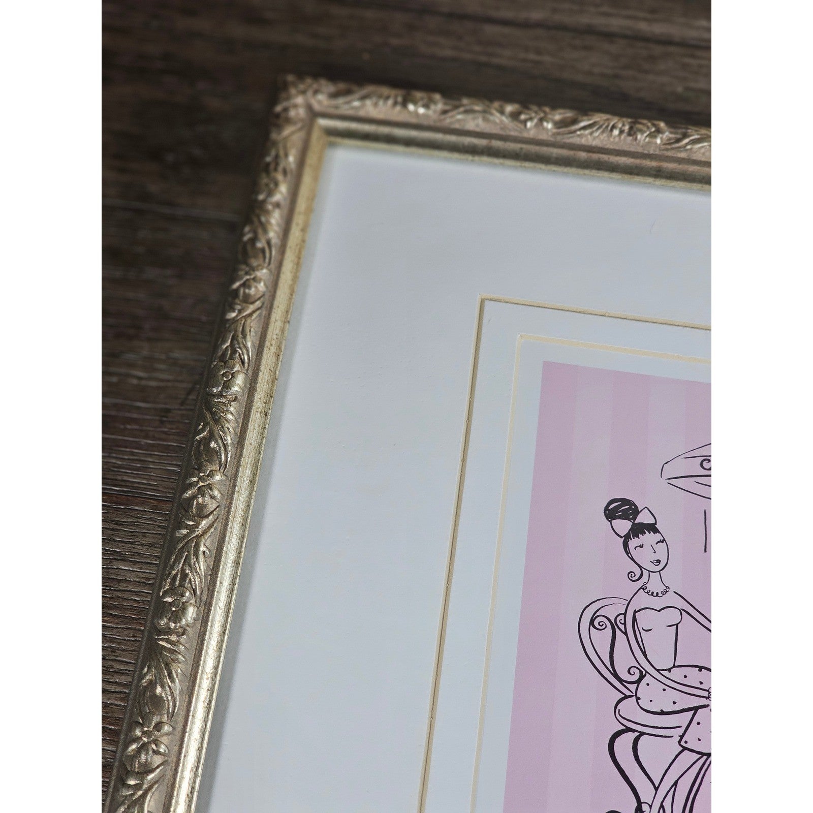 Vintage French Café Framed Art Print Pink Bistro Illustration 13x13