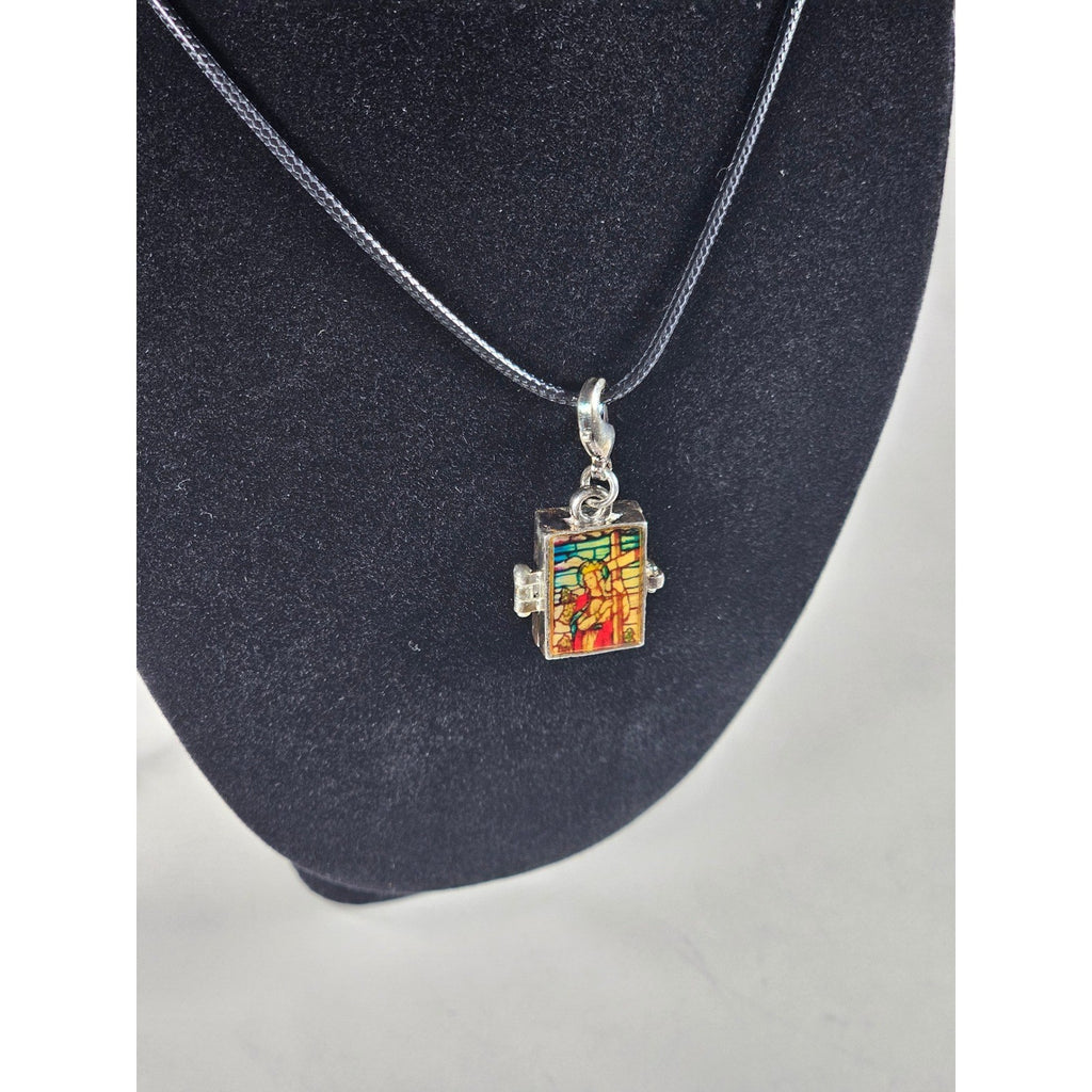 Vintage Stained Glass Locket Necklace Religious Pendant Charm