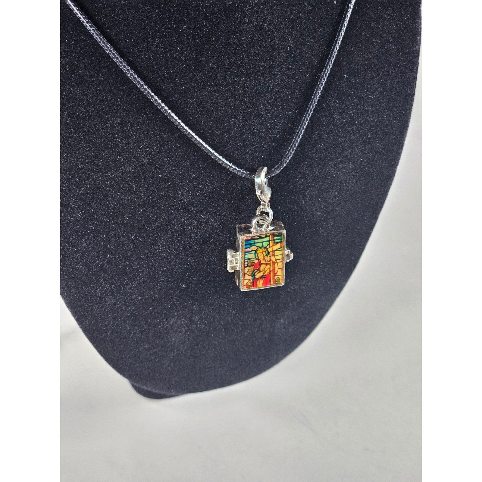 Vintage Stained Glass Locket Necklace Religious Pendant Charm