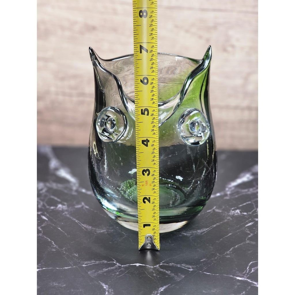 Vintage Hand Blown Glass Owl Vase Green Clear Art Glass