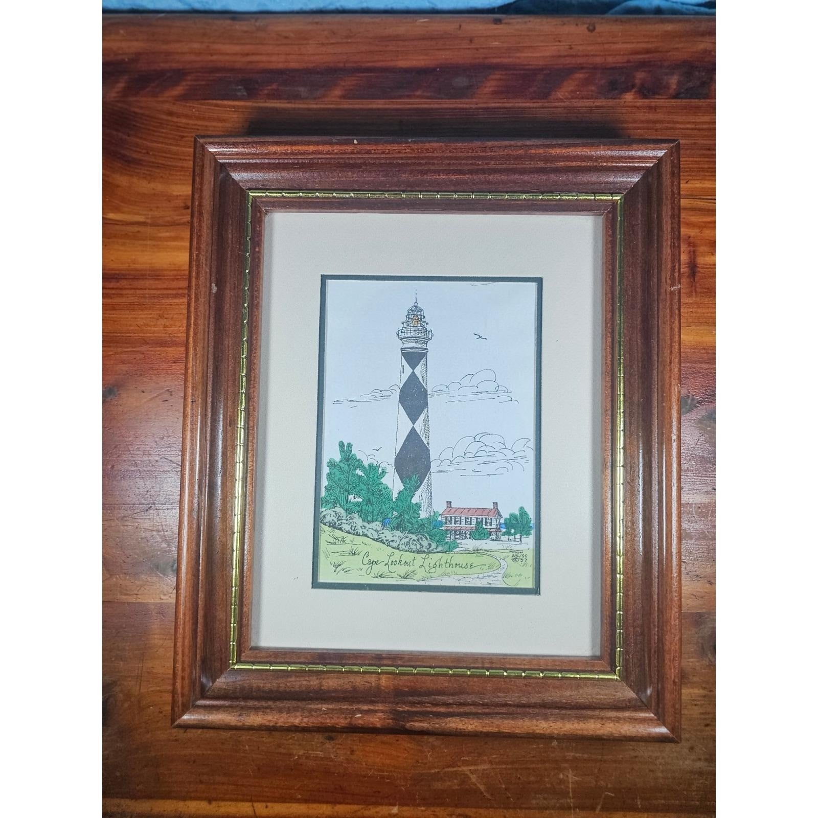Vintage Cape Lookout Lighthouse Framed Art Print Signed Weiss 1989 Coastal Decor