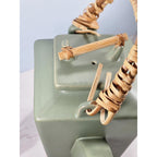 Joyce Chen Ceramic Flared 28oz Teapot & 4 Square Teacups Set Bamboo Handle