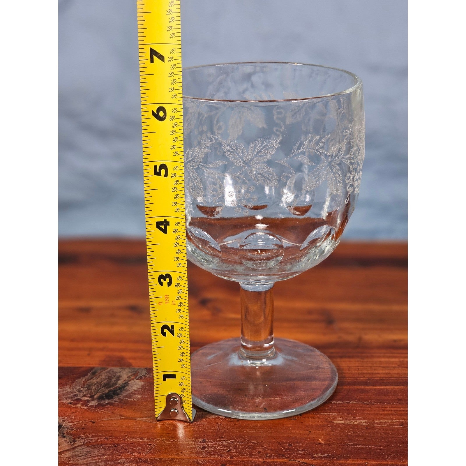 Vintage Etched Glass Goblet Grape Vine Design Clear Stem Wine Glass