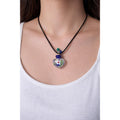 Glass Heart Bottle Pendant Necklace with Floral Design on Black Cord