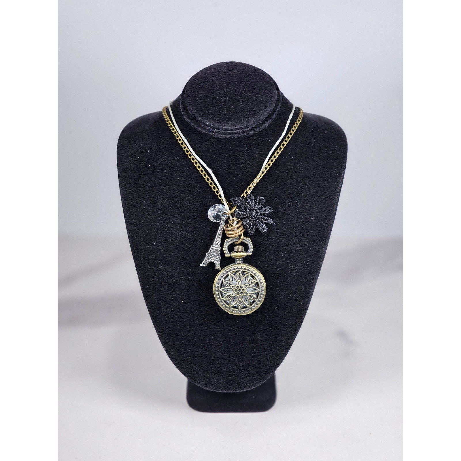 Vintage Pocket Watch Necklace Eiffel Tower Charm Unisex Statement Jewelry