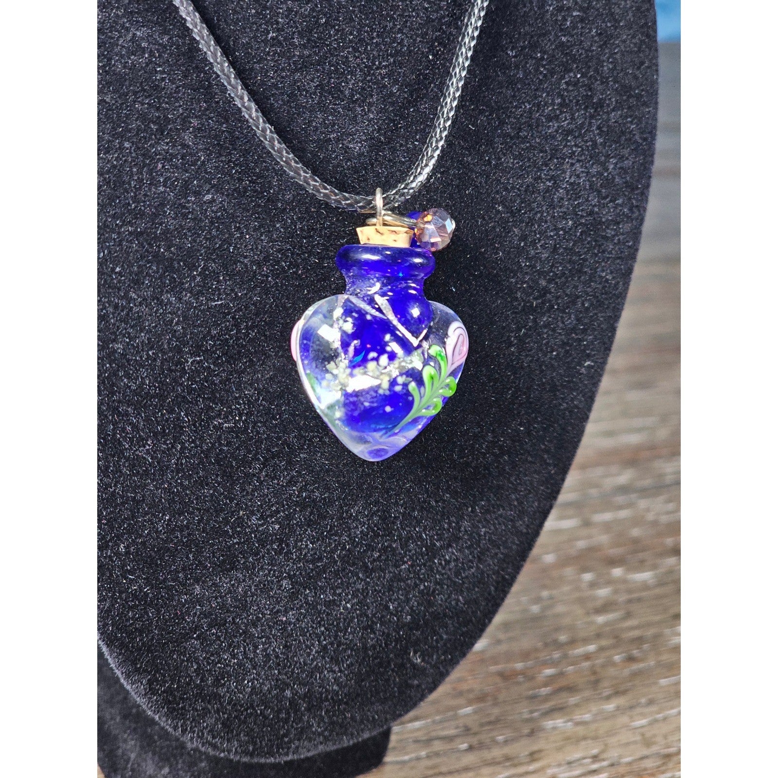 Vintage Glass Heart Vial Necklace Blue Hand Blown Art Glass Pendant