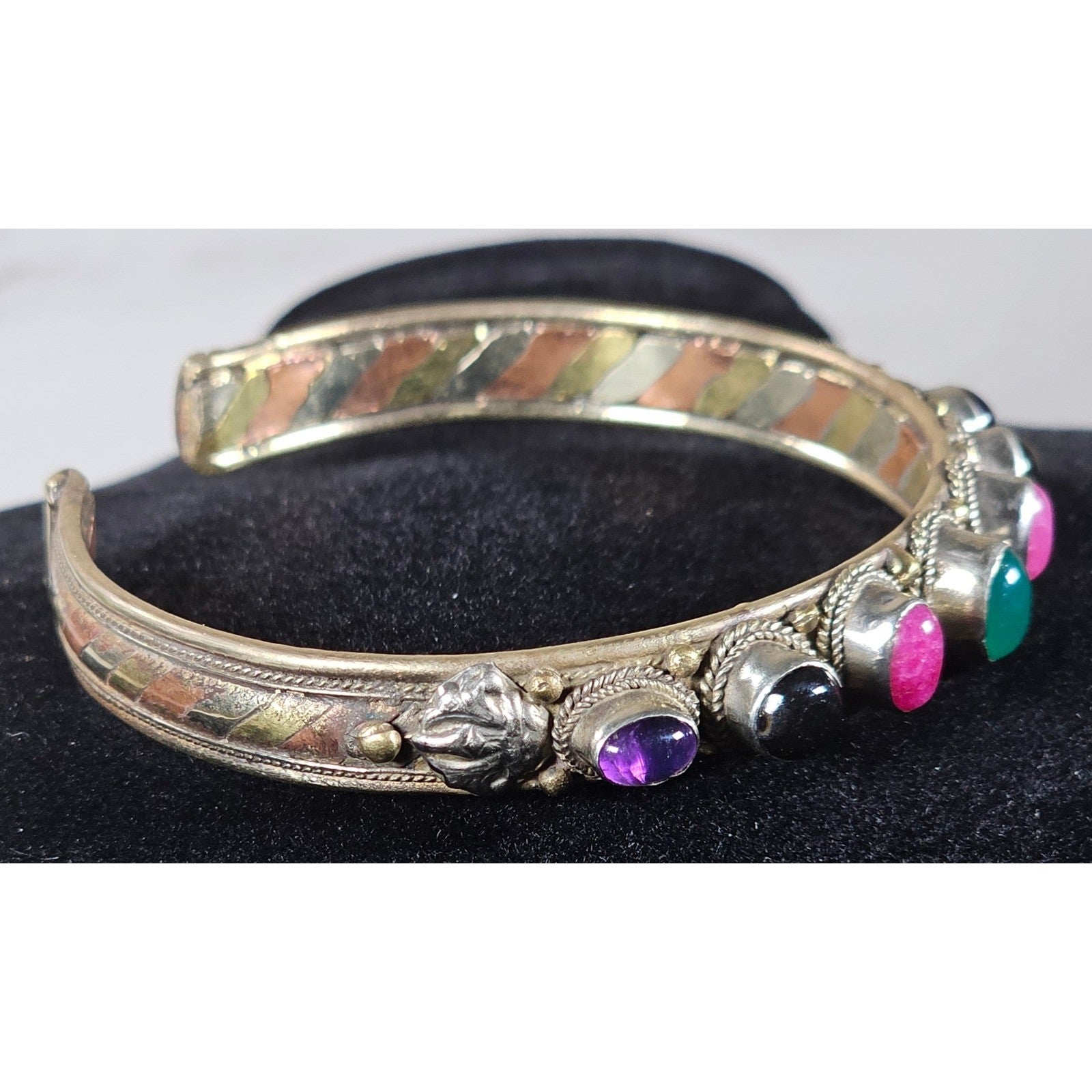 Vintage Mixed Metal Cuff Bracelet with Multicolor Cabochons