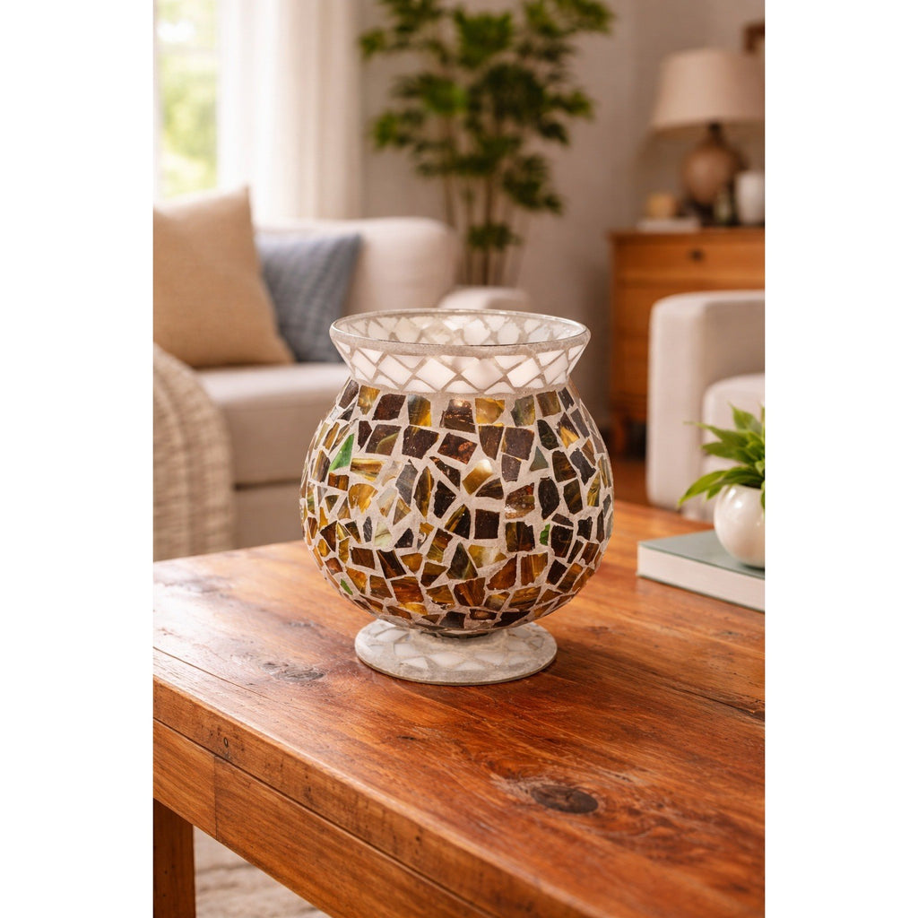 Home Interiors Mosaic Glass Pedestal Vase Amber Green Decorative Footed Vase