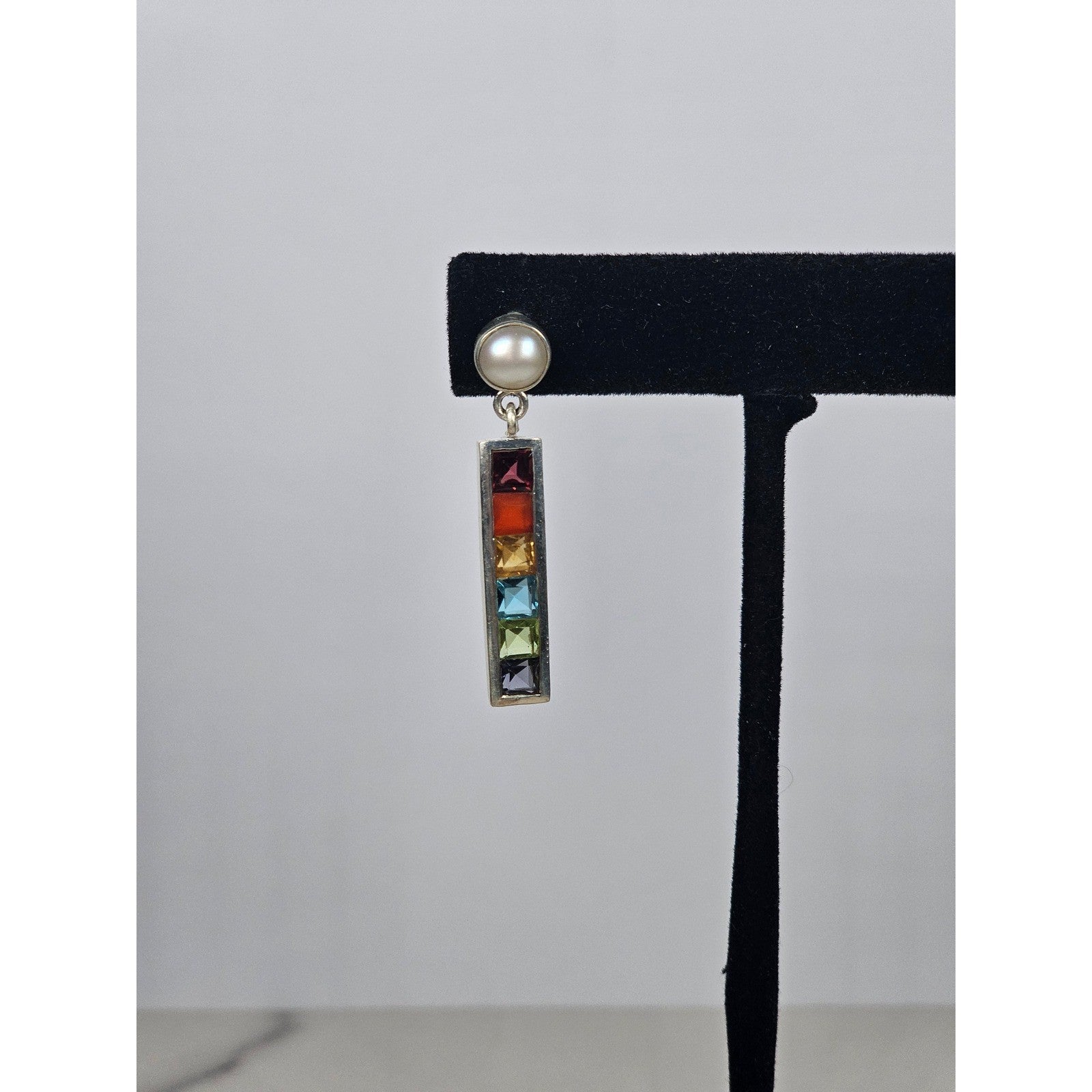 Vintage Rainbow Bar Drop Earrings with Pearl-Style Studs