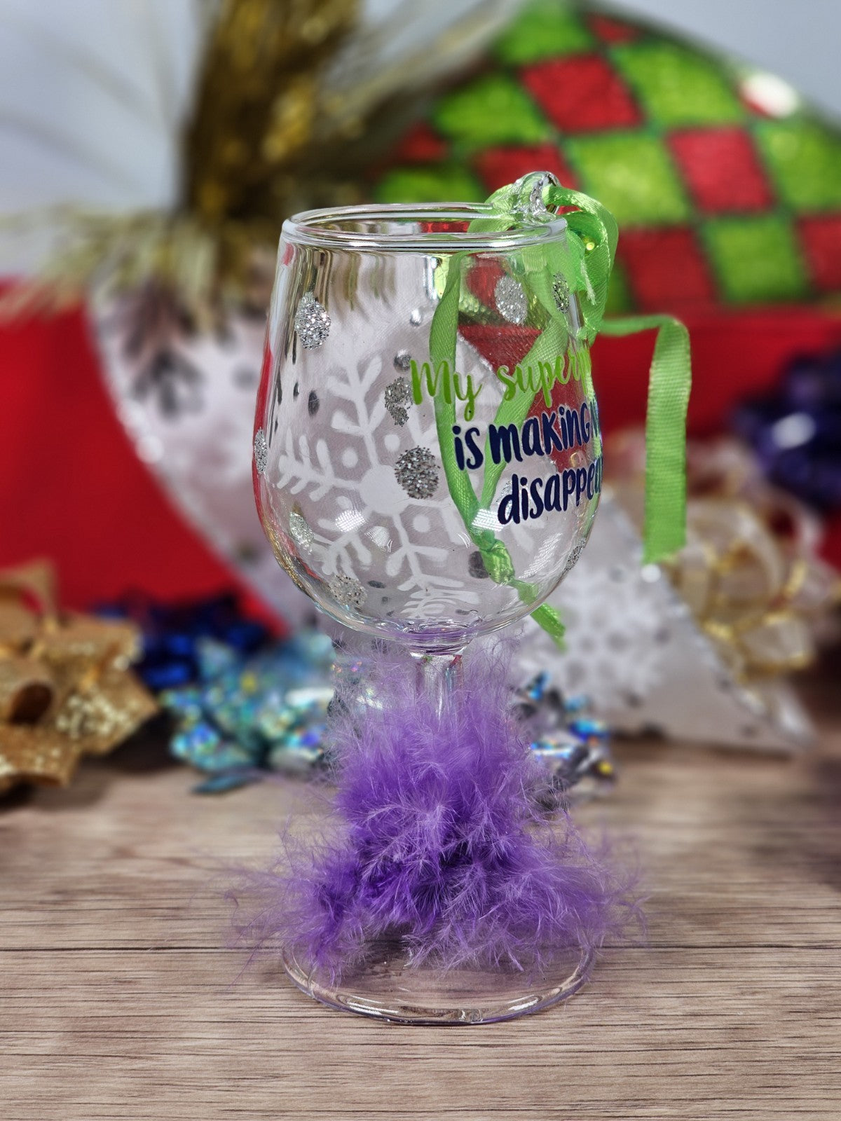 Decorative Wine Glass Ornament 4" Tall With Green Ribbon & Purple Feathers