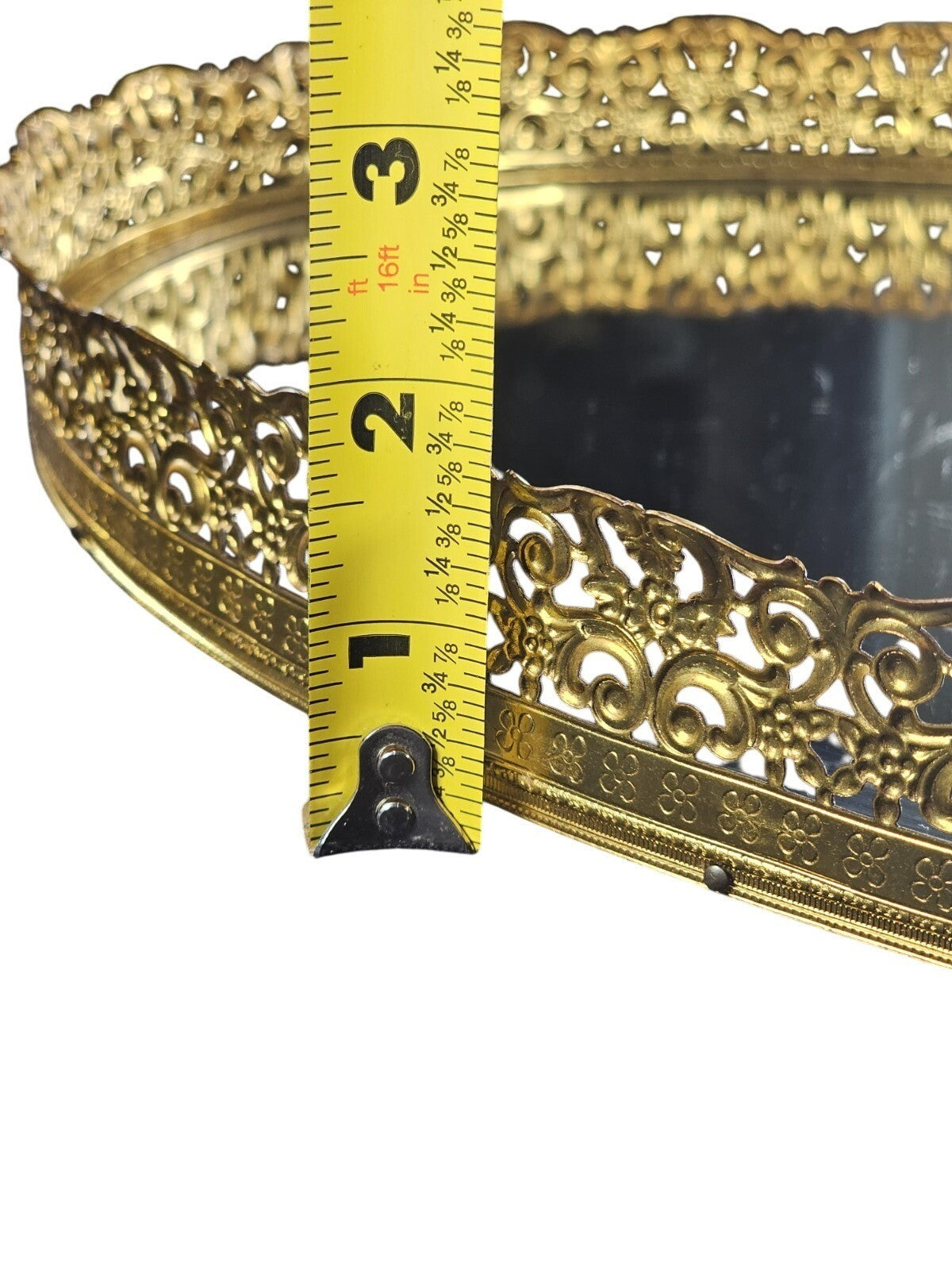 Vintage Oval Mirror Vanity Tray With Ornate Gold Filigree Design