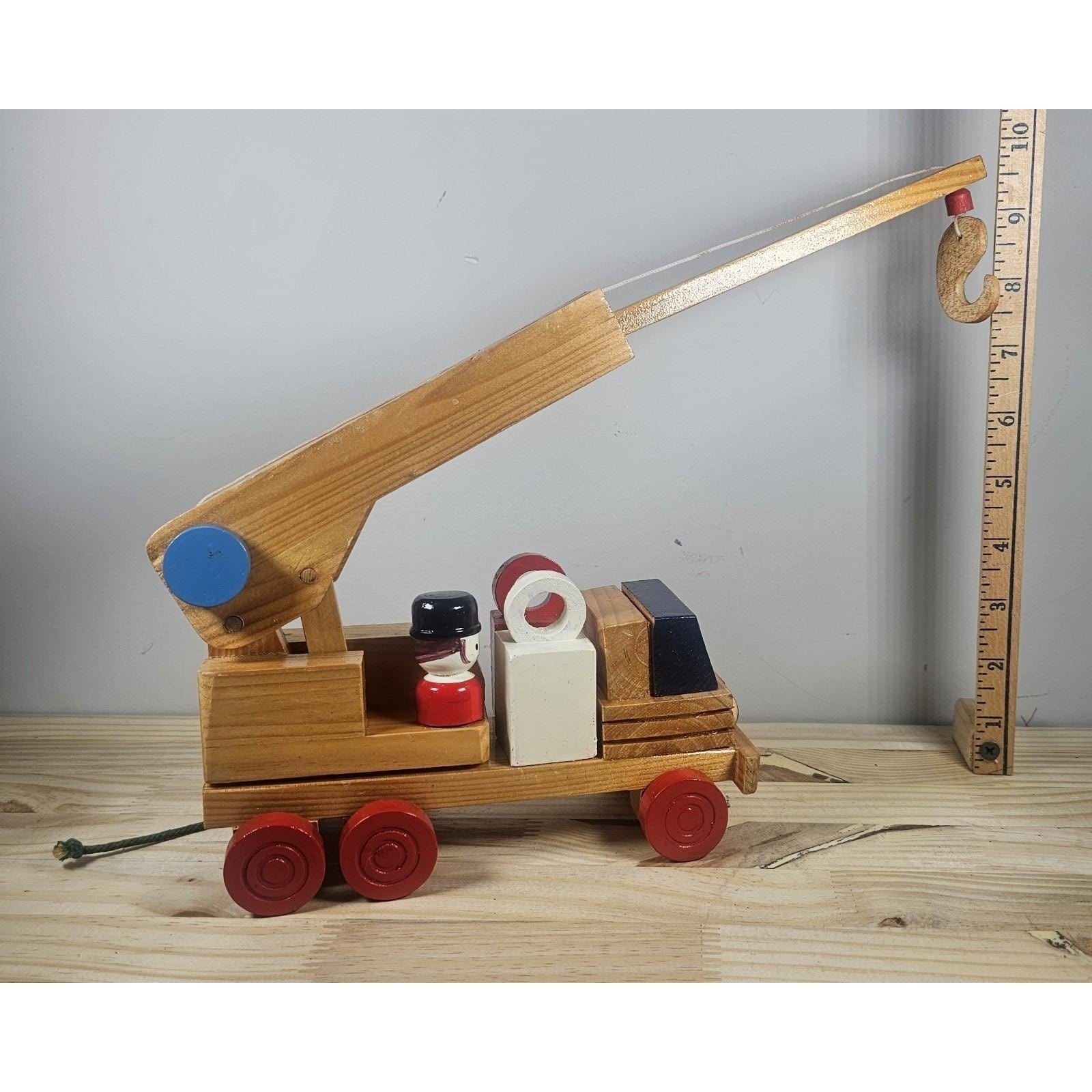 Vintage Wooden Crane Truck Pull Toy Mid Century Construction Toy