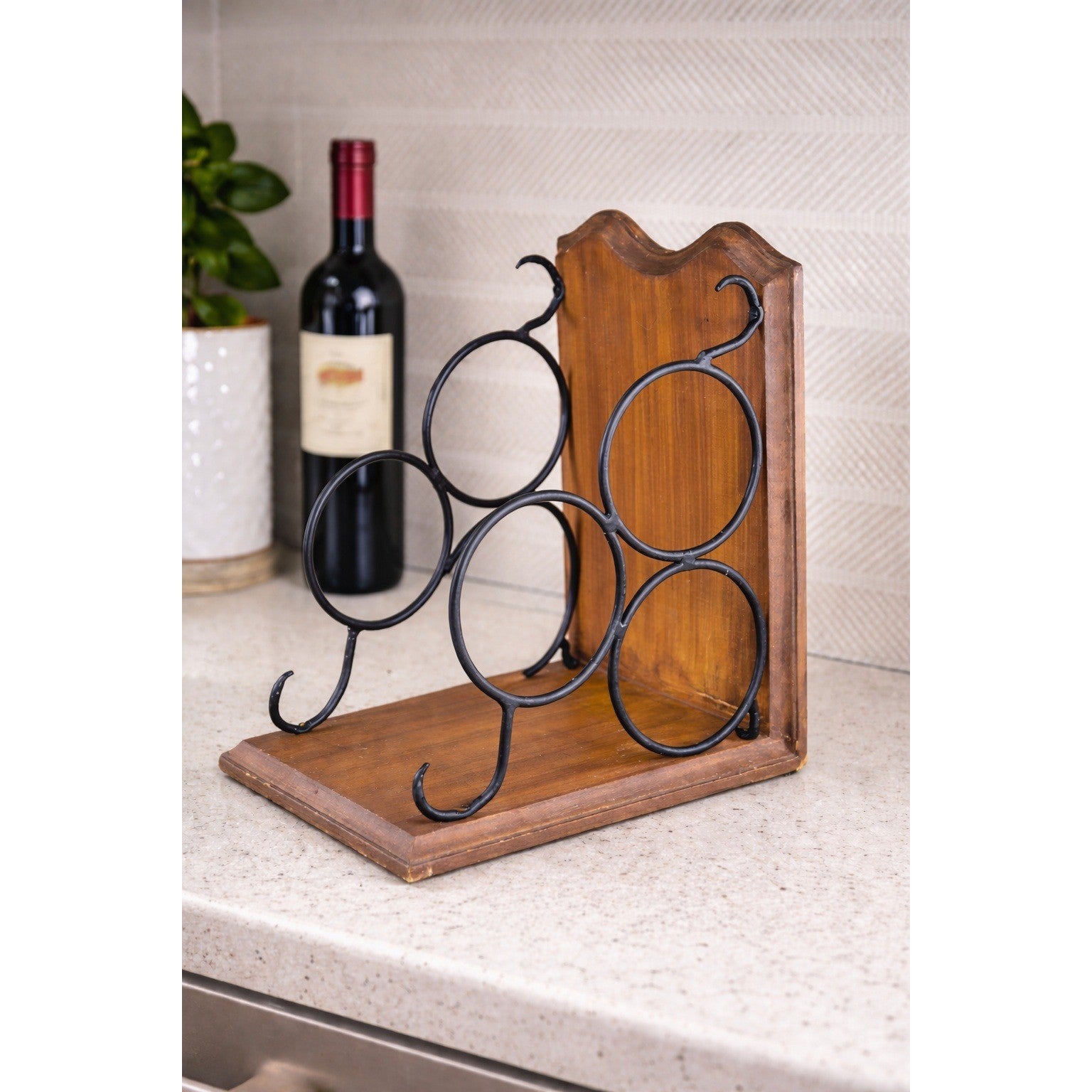Vintage Wood & Metal Wine Bottle Holder | 3-Bottle Countertop Wine Rack
