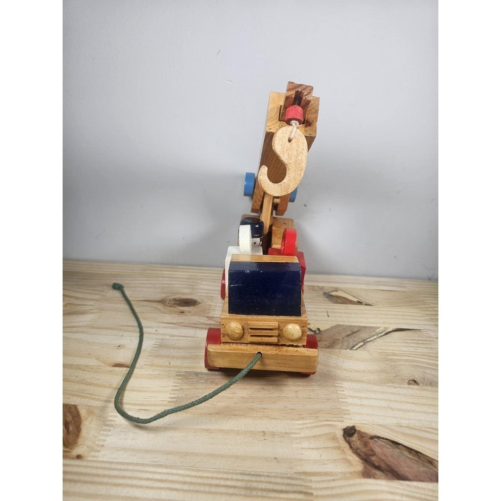 Vintage Wooden Crane Truck Pull Toy Mid Century Construction Toy