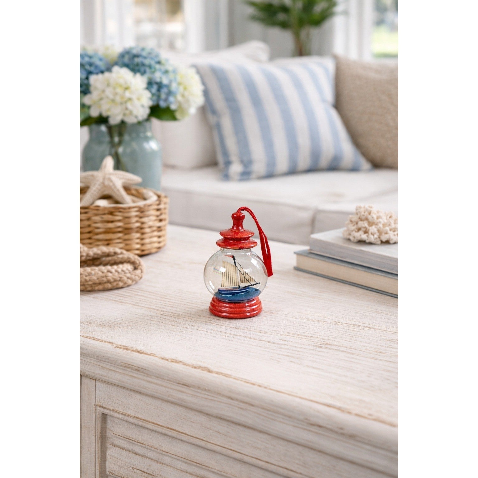 Vintage Style Sailboat Lantern Ornament Wood Glass Nautical Decor