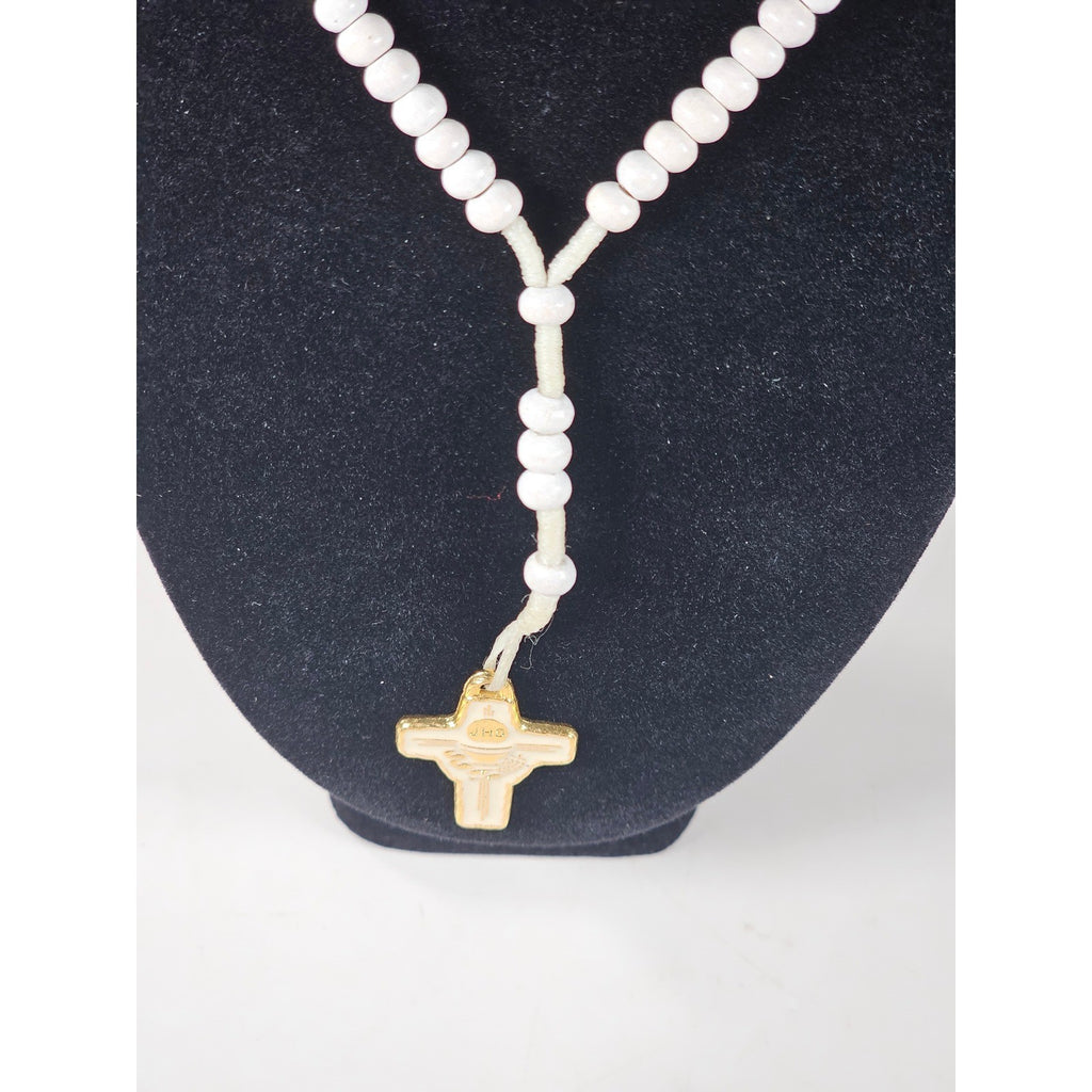 Vintage White Beaded Rosary Necklace Gold Tone Cross Pendant