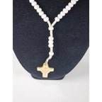 Vintage White Beaded Rosary Necklace Gold Tone Cross Pendant