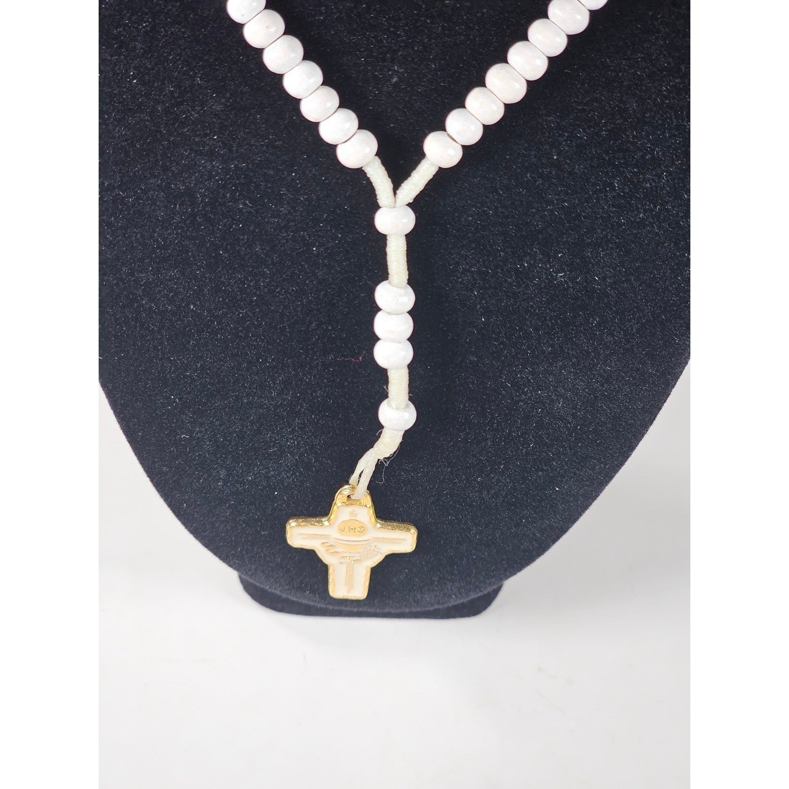 Vintage White Beaded Rosary Necklace Gold Tone Cross Pendant
